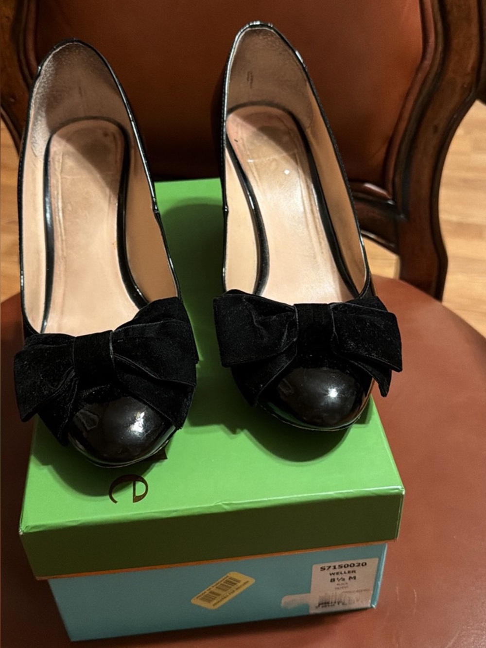 kate spade Black Patent Wedge Pumps with Velvet Bow